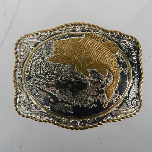 Crumrine Western Belt Buckle Jumping Bass Heavy Silver Plate on Solid Bronze - Picture 1 of 5
